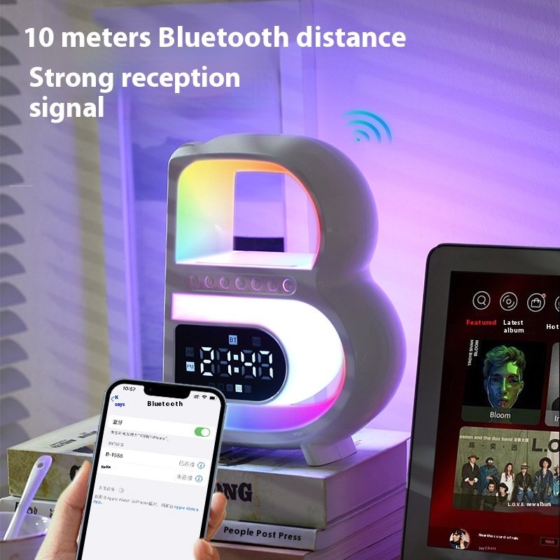 New B-Shaped Blutooth Speaker Multifunctional Smart Music Rhythm Lighting Phone Wireless Charger TF Card AUX Input Standard Mode - Image 4